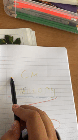 Person writes "MEMORY" in notebook, ends with "#Guilty" message