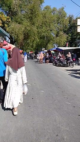 The video captures a lively street scene in Tegalwangi, Indonesia, likely during daylight hours given the bright sunlight and clear skies casting shadows. The focus is on a bustling marketplace, with numerous stalls and vendors lining the roadside. Various goods are displayed, including what appear to be food items and textiles.

The primary subjects are people engaged in everyday activities. In the foreground, a man wearing a bright blue t-shirt and dark pants stands near a stall, seemingly interacting with someone off-camera or observing the surroundings. Behind him, a woman in a long, light-colored garment and a dark brown headscarf is visible, holding what appears to be a plastic bag. The presence of numerous motorcycles and scooters parked and in motion suggests this is a popular and accessible location for transportation and commerce.

The atmosphere appears energetic and dynamic, typical of a vibrant Indonesian market. The presence of trees provides a natural element to the urban setting, and the overall impression is one of community life and economic activity. There is no discernible text visible in the provided frames that offers specific information beyond the general context of a marketplace.