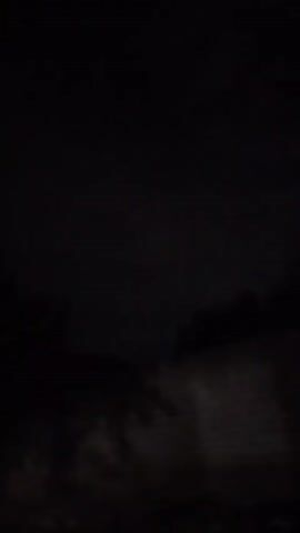 The video displays a dark scene, likely at night. The image quality is poor, making it difficult to discern details. In the lower portion of the frame, there are hints of what might be foliage or structures obscured by darkness. There is no visible action or discernible interaction between people or objects. The environment appears to be outdoors, given the presence of what could be natural elements.