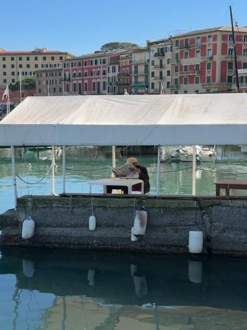 The video showcases a tranquil harbor scene on a bright, sunny day, characteristic of a Mediterranean coastal town. It opens with a view of a concrete pier where a person, likely an older man wearing a light-colored cap, is seated at a white table under a white tent or canopy. He is observed reading a newspaper. Several white buoys or fenders hang from the side of the pier, just above the calm, clear turquoise water.

As the camera slowly pans to the left, the full expanse of the harbor and its picturesque surroundings come into view. Numerous boats, including both sailboats and motorboats, are docked neatly along the piers. Their reflections are visible on the still water, which mirrors the blue sky above. The background features a striking array of multi-story buildings, painted in vibrant hues of red, yellow, and peach, common in Italian Riviera architecture. One distinctive building with a prominent tower stands out against the clear blue sky. The scene is bathed in bright daylight, conveying a peaceful and serene atmosphere. No specific readable text is visible other than the indistinct print on the newspaper. The setting suggests a leisurely day in a beautiful seaside location.