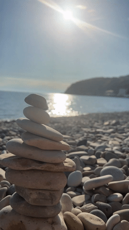 Stone stacking art created on Russian pebble beach