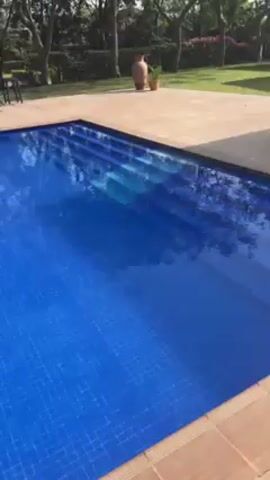 The video shows a swimming pool in an outdoor setting. The pool is rectangular, filled with clear blue water, and surrounded by a brown tiled deck. There are steps leading into the pool on one side and a ladder on the other. Lounge chairs and tables are visible near the pool. Trees and greenery surround the area, suggesting a backyard or garden setting. The sky is clear, indicating a sunny day. The camera pans around the pool, providing a full view of the area. No people are visible in the shot.
