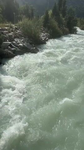 A rushing river flows through a rocky, mountainous landscape. The water is a milky, pale green and churns with white foam as it moves rapidly downstream. The riverbanks are lined with rocks and vegetation, including trees and bushes. The sun appears to be shining, casting light on the scene. There are no people or animals visible in the video. The perspective is from above and slightly to the side of the river, looking downstream.