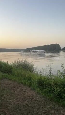 The media file shows a wide, calm river with a large, white cruise ship sailing from left to right. The ship has multiple decks with many windows, suggesting it is a passenger vessel. The surrounding scenery includes lush green vegetation along the riverbank in the foreground, and a dense line of trees on the opposite bank, forming a backdrop that stretches into the distance. The sky is a soft, pale gradient, transitioning from a light peach or pink near the horizon to a clear, pale blue higher up, indicating it is either sunrise or sunset. The water is reflecting the soft light of the sky, creating gentle ripples. A small, dark, blurry object, possibly a buoy or another small boat, is visible in the distance to the left. The overall mood is peaceful and serene, enhanced by the soft lighting and the gentle movement of the ship and water. The time of day appears to be either early morning or late evening. There is no visible text in the media file. The location context provided is Nierstein, Germany.