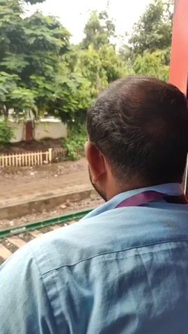 A man with a receding hairline and a beard looks out of a train window. He is wearing a light blue shirt and a purple lanyard around his neck. Outside the window, there are train tracks, a concrete platform, lush green trees, and a small building with a red roof. The train appears to be moving.