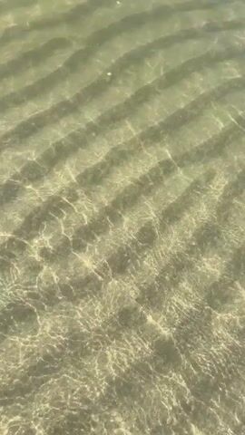 A close-up shot of shallow, clear water shows the sandy bottom beneath. The camera pans up to reveal the surface of the water, which is gently rippling. The horizon line is visible in the distance, where the water meets the sky, which is a pale blue with wispy clouds. The overall scene is serene and tranquil.