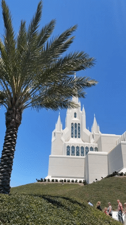 San Diego LDS Temple gleams under a clear blue sky