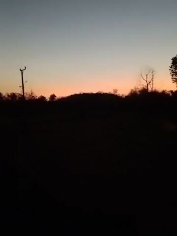 A static shot of a landscape at dusk. The sky is a gradient of dark blue at the top fading to orange and pink near the horizon. A silhouetted line of trees and hills stretches across the middle of the frame. A single utility pole stands to the left of the frame, and the dark foreground is obscured by shadows.