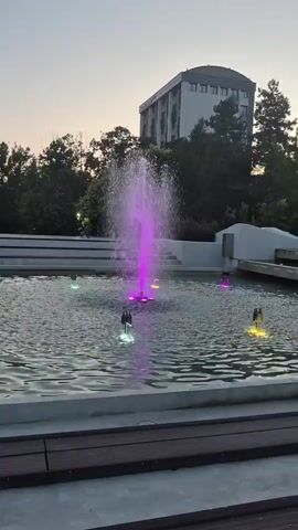 This media file captures a twilight scene at a public fountain in Popovo, Bulgaria. The central subject is a large, multi-tiered fountain with a powerful central jet of water illuminated by yellow light. Surrounding the main jet, smaller fountain nozzles emit streams of water that are lit by colorful LED lights, cycling through pink, purple, and blue hues. The water in the fountain is calm, with gentle ripples reflecting the artificial lights.

In the background, a tall, multi-story building with a distinctive rounded top stands against a pale, dusky sky, suggesting it is either early morning or late evening. Dense foliage, consisting of trees and bushes, frames the building and the fountain area, creating a natural backdrop. A paved walkway or seating area is visible in the foreground, with wooden planks suggesting a park or public space.

There are no people prominently visible in the scene, though faint figures might be glimpsed in the distance, contributing to the quiet, serene atmosphere. The weather appears clear and still, ideal for an outdoor evening display. The overall mood is tranquil and visually appealing, highlighting the interplay of water, light, and architecture in a public urban setting. No text is visible in the media file.