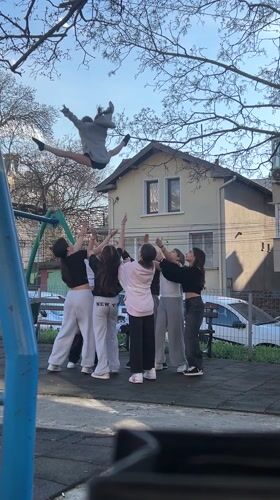 Teenagers gather for playground activities in Ruse, Bulgaria