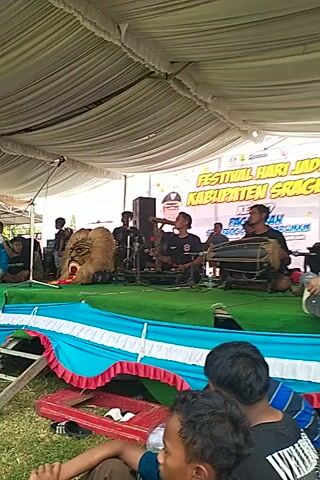 Here is a concise description of the scene: 

The scene shows a band playing traditional Indonesian music on an outdoor stage under a tent. The stage is decorated with a banner that reads "FESTIVAL HARI JADI KABUPATEN SRAGEN." The band members are dressed in black shirts and playing instruments like drums, a saxophone, and possibly other traditional instruments. In the foreground, outside the tent, several young people are watching the performance. The camera angle is slightly tilted.