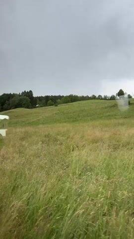 The video shows a landscape of rolling green hills covered in tall grass. The sky is overcast, suggesting it might be a cloudy or rainy day. In the distance, there are trees and some white structures, possibly houses or sheds. A silver pole is visible on the right side of the frame. The camera appears to be moving, giving a sense of travel through the scene. There are no people visible in the video. The overall impression is of a rural or natural environment.