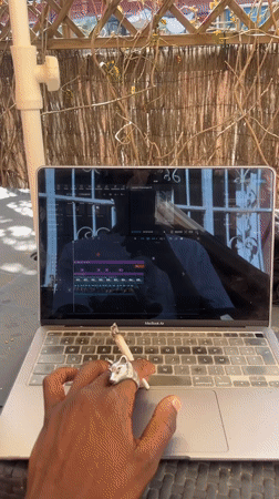 Morning video editing session captured on Barcelona balcony