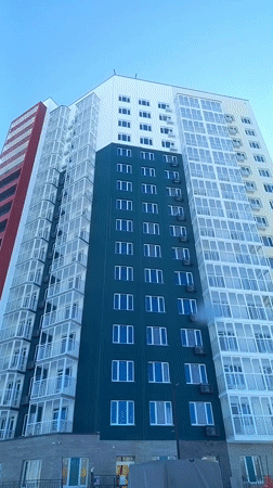 Colorful modern residential building observed in Nizhnevartovsk, Russia