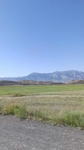 The video shows a wide, unobstructed view of a rural landscape under a clear blue sky. The foreground is dominated by a rough, unpaved road or dirt track. Beyond the road, a vast, green field stretches out, appearing to be agricultural land or pasture. The field is dotted with patches of taller, dry grass and some wildflowers. In the mid-ground, gentle, rolling hills rise, covered in a lighter shade of green and brown, indicating arid terrain. Further in the distance, a range of majestic mountains forms the backdrop. Their peaks are varied in shape and texture, some appearing rugged and rocky, while others are covered in lighter hues. The lighting suggests it is daytime, with bright sunlight illuminating the scene. There are no people or animals visible in the frame, and the overall impression is one of natural beauty and open space. The camera appears to be mounted on a moving vehicle, as evidenced by the slight motion blur and the perspective of the road in the foreground.