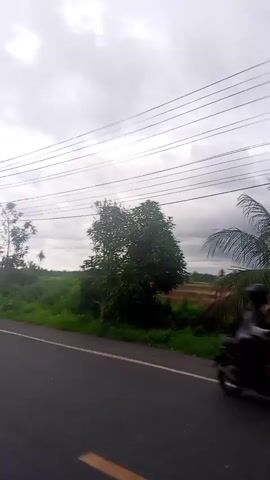 The video shows a motorcycle ride on a paved road alongside a rural landscape under a cloudy sky. The view appears to be from behind the driver, as the rider's hands are visible controlling the motorcycle.  The road has a yellow line marking the center.  The landscape consists of green vegetation and a field of brown or reddish earth. The sky is overcast with dark, ominous clouds. There are power lines overhead, obstructing the view of the sky in parts. The camera is shaky, likely due to the motion of the motorcycle.