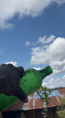Person holds green bottle against sky in Ogbu, Nigeria