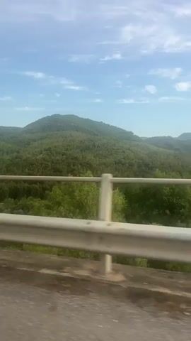 A short video clip shows a view from a vehicle, looking out over a lush, green, forested hillside under a partly cloudy blue sky. A guardrail runs horizontally across the foreground of the video. The camera appears to be moving, as evidenced by the slight blur and the shifting perspective. The environment is natural and mountainous. There are no people or animals visible in the clip.
