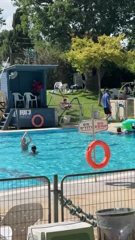 This is a vertical video of a swimming pool area on a sunny day. The pool is filled with clear blue water, and several people are in it, including children. There is a lifeguard stand on the left side of the frame, with chairs and safety equipment. A sign in Hebrew and English indicates "Shallow Water." Orange life preservers are visible, one hanging on a post near the sign and another near the lifeguard stand. 

In the background, there are lounge chairs, umbrellas, and lush green trees, suggesting a warm, pleasant outdoor environment, likely a public pool or a resort. People are relaxing on lounge chairs and walking around the pool area. The overall atmosphere appears to be relaxed and recreational. The sun is high in the sky, indicating it is likely daytime, possibly late morning or afternoon.