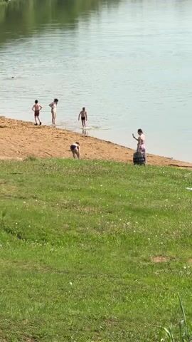 The video shows a lakeside beach scene on a sunny day. A group of five people is visible on the sandy beach.  One person is swimming in the lake. Three others, wearing swimwear, stand near the water's edge.  One person is bent over near the edge of the beach. Another individual, wearing a long dress and holding a phone, appears to be taking a picture. The foreground shows a grassy area leading up to the beach. The water is calm and reflects the sky.