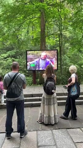 Here is a description of the scene:

The video shows a small group of people standing in front of a large screen in a forested area. The screen is displaying a video of a man in traditional clothing performing martial arts. The people watching the screen include a man with a grey t-shirt and a backpack, a woman with a long white dress and a backpack, a woman with a black bag, and a young girl wearing a pink outfit. The people are standing on stone steps in front of the screen. The background is a lush green forest with tall trees. The screen is mounted on a pole.