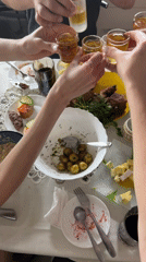 Evening snapshots capture toasts, flowers, and casual moments