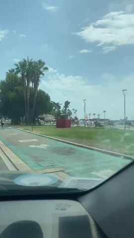 The video shows a view from inside a vehicle, looking out at a coastal scene on a sunny day with a partly cloudy sky. In the foreground, the dashboard and windshield of the vehicle are visible. Beyond the windshield, a green-lined pathway with bicycle symbols is prominent. A shirtless man is jogging on this pathway, holding a white object. Further in the background, there is a sculpture of two fish, possibly marlins, mounted on a red base. Palm trees and other lush green trees line the area, with a glimpse of the ocean and a harbor with boats in the distance. Cars are driving on a road parallel to the pathway. The overall environment appears to be a resort or beach town.
