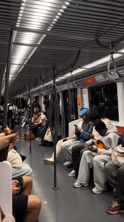 Lyon subway passengers use phones during afternoon commute