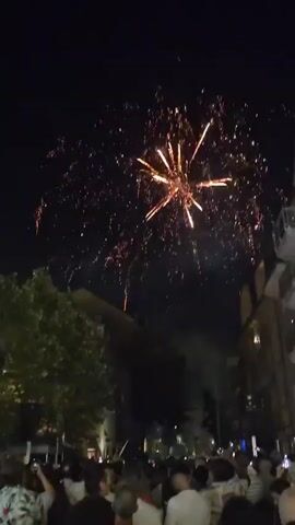 The video shows a fireworks display at night. A large, bright fireworks burst is the focal point of the scene, with smaller bursts and trails of light visible in the dark sky. Below the fireworks, silhouetted figures of a crowd of people are visible, many holding up phones to capture the event. Buildings and trees line the street where the crowd is gathered. The overall atmosphere suggests a festive celebration.