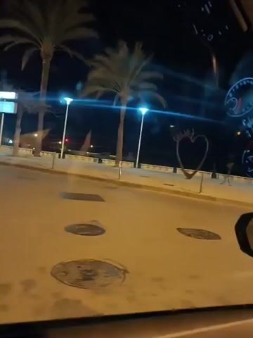 The video shows a night view from inside a moving vehicle driving along a brightly lit promenade.  Palm trees line the walkway, illuminated by street lights. A heart-shaped metal structure stands on the edge of the walkway.  The pavement appears to be made of light-colored tiles. A road sign and an advertisement for McDonald's are visible on the right side of the road. Music plays in the background. The scene is dark except for the bright street lights and signage.
