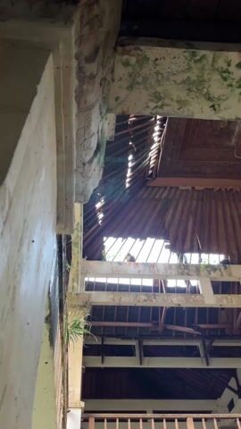 The video shows a view of the inside of an abandoned building with multiple levels. The walls are concrete and some have green moss growing on them. The roof is made of wood and is partially damaged, allowing sunlight to stream through. There are wooden railings and beams visible throughout the interior. The structure appears to be deteriorating, with exposed wood and crumbling concrete.