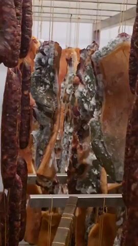 The video shows a room filled with hanging cured meats, including sausages and slabs of meat. The sausages are a dark reddish-brown color. Some slabs of meat appear to have a white or greenish coating on them. The meats are suspended from a metal rack system. A person wearing glasses and a blue and gray striped shirt walks past the camera. Someone says "Because they need to go in the restaurant." Another person says "Yeah." and "Sure." Then someone says "Ostrozhno" three times.