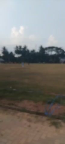 The video shows an outdoor scene on a dry, grassy field. Several people are visible in the distance, scattered across the field, appearing to be playing a game. There are trees, including palm trees, and buildings in the background. A flag, mostly white with red accents, is prominently displayed in the foreground, partially obscuring the view of the field. The sky is cloudy. Blue and red cords or ropes are visible in the lower part of the frame.