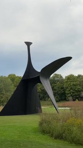 A large, black, abstract sculpture stands in a grassy field with trees in the background under a cloudy sky. The sculpture has a tall, thin neck that flares at the top, a triangular base, and a wing-like element extending to the right. The camera pans slightly to the left, revealing more of the surrounding landscape.