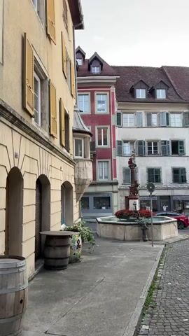 The video pans from left to right, showing a European street scene. On the left, a building with a light yellow facade features large arched doorways and wooden shutters on its windows. A wooden barrel is placed on the sidewalk next to a decorative planter. The camera continues to pan right, revealing a row of colorful buildings with multi-story facades and pitched roofs. A ornate fountain with a statue and red flowers is situated in the foreground. Several cars are parked along the cobblestone street. The buildings display a variety of architectural styles and colors, including red, white, light green, and light blue. The sky is overcast.