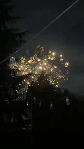 The video displays a nighttime scene with fireworks exploding in the sky above silhouetted trees and string lights. The fireworks exhibit bursts of yellow, green, and red sparks. The overall ambiance is festive, suggesting a celebration or event.
