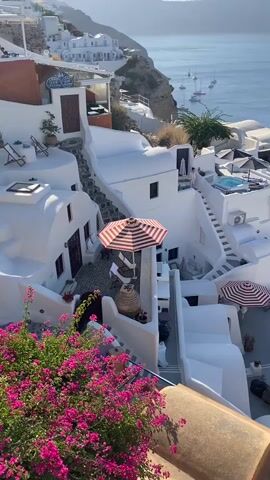 The video pans across a scenic view of Oia, Santorini, Greece. The iconic white-washed buildings with blue domes cascade down a cliffside overlooking the Aegean Sea. Various boats, including sailboats and a speedboat, dot the deep blue water. Several umbrellas, striped in red and white, are set up on outdoor patios. Pink bougainvillea flowers add a vibrant splash of color to the foreground. The sky is clear and blue, suggesting a sunny day. No people are clearly visible or engaged in any specific actions, apart from the possible presence of individuals on balconies or moving between buildings, which are too indistinct to identify. The overall impression is one of a tranquil and picturesque tourist destination.