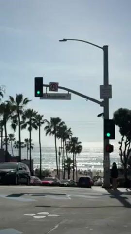 The video depicts a street corner at Manhattan Beach, California on a sunny day. Palm trees line the street leading towards the ocean, which is visible in the background. The traffic light is green, and cars are stopped at the intersection, waiting to proceed. Pedestrians are visible on the sidewalk. There is a sign indicating "Manhattan Ave" attached to the traffic light pole. A Skechers store is visible on one corner. The road has blue crosswalk lines and faded blue circles painted on it.