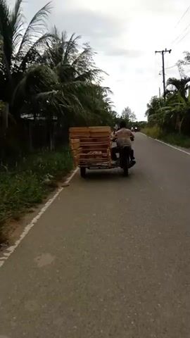 The video shows a motorcycle with a trailer driving down an asphalt road. The trailer is loaded with stacked wooden planks, and the motorcycle is moving away from the camera.  The road is bordered by trees and foliage on both sides. Other motorcycles can be seen in the distance.  The sky is overcast.  The overall scene is rural.