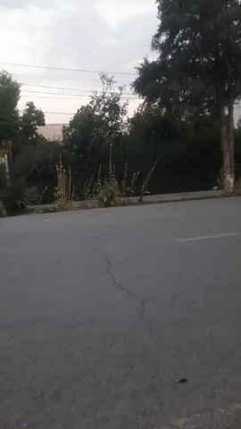 The video captures a street scene with a building and trees on the left and right sides of the road. The road appears to be asphalt and shows a crack. A silver car drives by from right to left in the frame. The building on the left is a multi-story structure with windows and a fence. The sky is overcast.