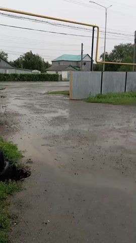 This media file captures a slightly overcast day in a rural or semi-rural setting, likely Qobda, Kazakhstan, as indicated by the provided location context. The scene is dominated by a wet, gravelly ground, suggesting recent rain or damp conditions. Puddles are visible, reflecting the muted grey sky.

In the foreground, a dark tire is partially submerged in the wet ground on the left side. A yellow gas pipe runs horizontally across the frame, supported by black poles. Behind this pipe, several buildings are visible. One prominent building has a turquoise roof. A corrugated metal fence runs along the right side of the scene, with a wooden fence beyond it.

A silver sedan is parked on the right side of the frame, near the fences. The car appears to be older and is partially obscured by the greenery growing along the fence line. The overall impression is one of a quiet, possibly deserted, area on a day with poor weather. There is no visible text in the media file. The activity appears to be static, a recording of a location rather than an event. The weather is overcast and the time of day is likely daytime, given the ambient light, though the lack of direct sunlight makes it hard to be precise. The general atmosphere is subdued and somewhat dreary due to the weather.