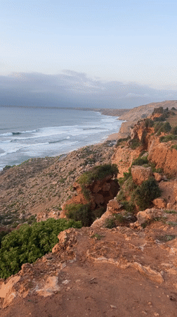 Coastal scenery filmed from clifftop near Ahrara, Morocco