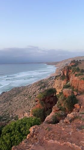 Coastal scenery filmed from clifftop near Ahrara, Morocco