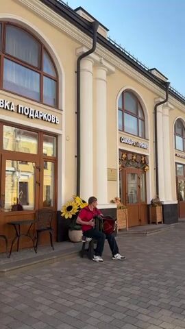 A person sits on a bench in front of a building, playing an accordion. The building has large arched windows and columns. There are signs above the windows, one of which reads "ПОДАРКОВ". Large yellow flowers are in a pot to the left of the person playing. The ground is paved with bricks. The sky is blue. In the background, people are walking down a path.
