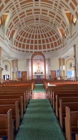 This is a vertical, eye-level shot looking down the central aisle of a church, likely a Catholic church, given the altar and crucifix. The church interior is well-lit, suggesting daytime. The architecture is notable for its domed ceiling, which features an intricate grid pattern in shades of orange and white. Wooden pews are arranged on either side of a green carpeted aisle, leading towards the altar at the far end. The altar area is elevated and features a crucifix, statues, and what appear to be candles. There are religious banners hanging on the walls, though the text on them is not legible. Statues of saints are also visible on pedestals along the sides of the church. The overall atmosphere is one of solemnity and quiet. The location is identified as Roseville Chase, Australia, but there are no specific visual cues in the image to confirm this beyond the provided context. No people are visible in the frame, suggesting the church is either empty or the photo was taken before or after a service.