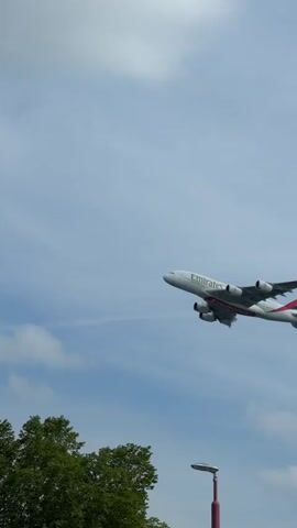 An Emirates A380 aircraft is captured in mid-flight, ascending against a blue sky with scattered clouds. The massive jetliner, predominantly white with the airline's distinctive gold and red livery, is positioned in the upper right quadrant of the frame. Its four powerful engines are visible, and the word "Emirates" is clearly emblazoned along the fuselage in gold lettering. In the lower portion of the image, the tops of green trees are visible, along with a sliver of a pole with a light fixture on the far right, suggesting an outdoor perspective from ground level. The aircraft appears to be banking slightly.