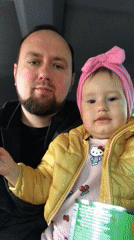 Father and child photographed in vehicle, Bielsko-Biała