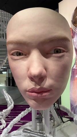 A close-up video shows a realistic-looking humanoid robot head on a stand in what appears to be an art exhibit. The head has fair skin, light brown eyebrows, and hazel eyes. The head is bald. The head is attached to a mechanical stand with visible wires and tubes. In the background, there is an architectural model of a building and a purple and white striped rug. The camera angle shifts slightly during the video, providing different views of the head and the mechanical components. The overall environment suggests a modern, artistic setting.