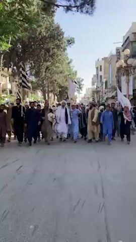 A large group of men are marching down a paved street in what appears to be an urban area, likely Quetta, Pakistan, during daylight hours. The participants are predominantly adults, dressed in traditional attire including Shalwar Kameez, vests, and various head coverings like turbans and caps. Many have beards.

They are actively chanting slogans, with several individuals raising their fists or hands in the air, indicating a demonstration or rally. Numerous flags are being carried: some are black and white horizontally striped, resembling the flag of the Jamiat Ulema-e-Islam (JUI-F) political party. Other flags are white with black Arabic calligraphy, likely displaying the Shahada, which is also associated with JUI-F.

The street is lined with multi-story buildings, some appearing to be shops or residences. Trees are visible along one side of the street. The atmosphere suggests an organized public event or procession.