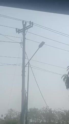 A utility pole with wires and a street lamp is visible against a hazy sky. The pole is tall and grey, with crossarms holding multiple electrical wires. A street lamp extends from the pole at an angle. Below the pole, trees and foliage are faintly visible through the haze. The scene appears to be outdoors, possibly on a road or open area. The image quality is somewhat degraded by the atmospheric conditions.